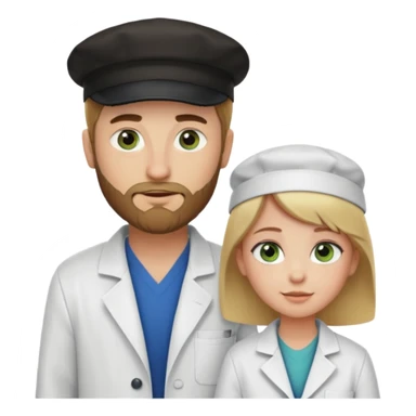 a blonde bearded guy wearing black cap, tall, fair skinned, brown eyes,  looking into the girls eyes who is short than him having green eyes and brown hair, who is in love with the guy, girl is wearing a lab coat, guy is wearing a brown jacket and blue jeans sticker