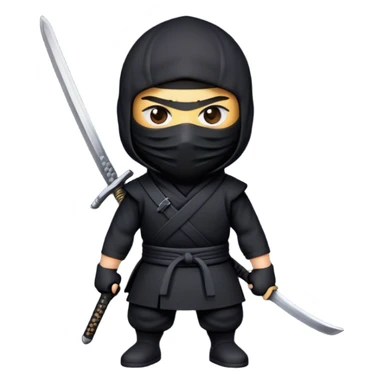  A emoji cartoon-style digital illustration of a ninja dressed in a half black outfit with a face mask, leaving only the eyes visible. The ninja has a serious and focused expression. A katana sword is strapped to their back, with the handle visible over one shoulder. The background is plain white sticker