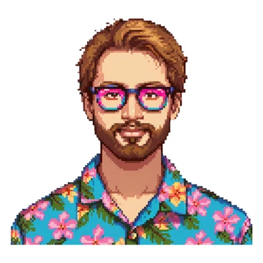 man with light skin tone, short light brown hair and beard, wearing a colorful Hawaiian shirt and pink glasses sticker