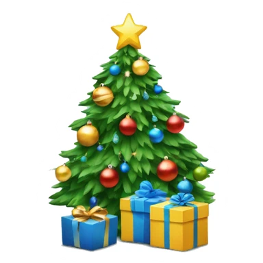 Christmas tree with blue ornaments, lights and with gifts wrap under the tree sticker
