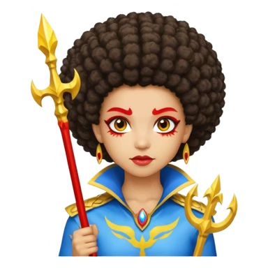Emoji metisse femboy mais plus masculin avec drapeau ukrainien arriere plan, un afro, sourcils rouge, fourche trident, et eclairs et sur fond bleu clair irrisé. Peau lightskin, yeux marron et cheveux marron bouclés mais en mode afro pixi cut sticker