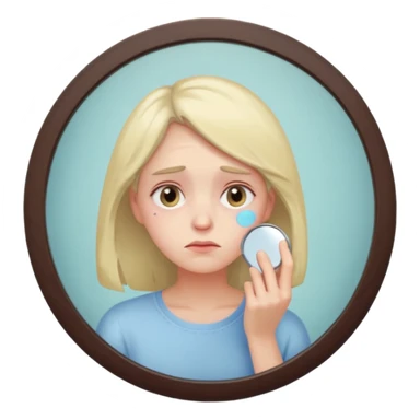 thoughtful tired woman looking in the mirror, gentle pastel tones, soft lighting, emoji style, symbolizes fatigue not ageing sticker