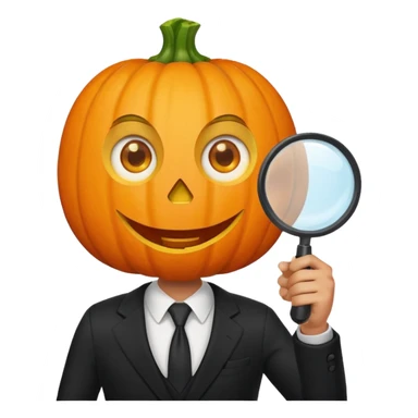 A pumpkin smiling at a magnifying glass (the magnifying glass has a suit thats black, the magnifying glass also has one eye in the middle turn the magnifying glass into a living person give the magnifying glass Normal looking eyes and give it actual arms and legs  sticker