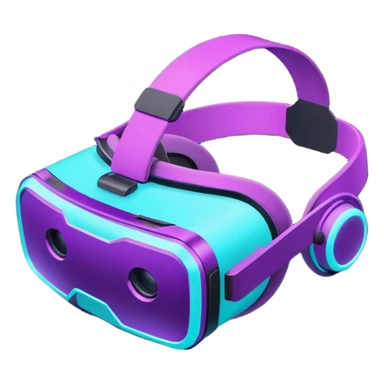 Futuristic glowing neon VR headset, purple and cyan light, dark background, digital tech style sticker