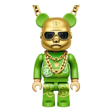 classic bearbrick figure with lime green mask covered in chaotic brand logos, wearing several large gold chains, gold pendant, rapper style accessories, expressive eyebrows sticker
