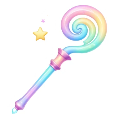 Cinematic cute magical wand, pastel swirls of color, tiny twinkling stars floating around, glowing softly, chubby rounded edges, whimsical and dreamy. sticker