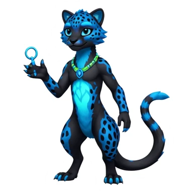 Realistic Obsidian-black fur body with neon-glowing-blue ring-markings Grem2-Gremz-Cheetah-Sergal-fusion, full body  sticker