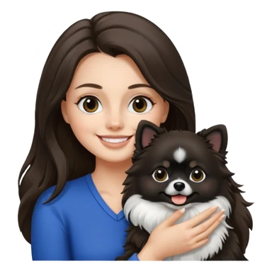 A woman who has brunette long hair is holding a black and white 1 Pomeranian dog who has black face but in the middle he has a white line from the nose sticker