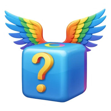 Blue cube with blue wings and has a rainbow question mark sticker