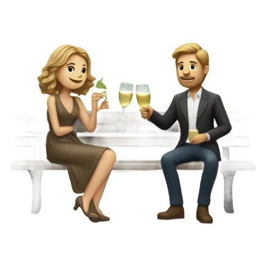 couple of white people with brown hair, sitting closely on a park bench, enjoying a romantic moment. One person is holding a croissant, and the other is holding a glass of Prosecco.  sticker