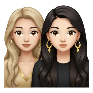 A two woman one is a asian with light skin and brown wavy long hair, big round brown eyes with long lashes and a bit of makeup and another is asian woman with black straight long hair with light tan skin and with big round dark brown eyes with full long lashes. Both wears a gold earrings sticker