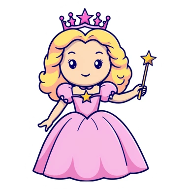 Glinda the Good Witch with long blonde curly hair, sparkling tiara, puffy pink ballgown, and magic wand with star sticker