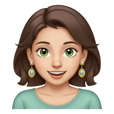 girl with gray-green eyes, brown hair, multiple earrings, mole on cheek, joyful expression sticker