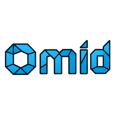 Change the text to all uppercase: 'OMID'. Keep the geometric icon style with sharp angles, abstract and tech-inspired, suitable for a startup, with no background. sticker