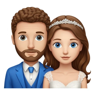 wedding couple, woman has long straight brown hair and blue eyes, man has short light brown curly hair and facial hair with blue eyes sticker