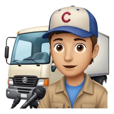 driver of a truck in front of a truck speaking to a microphone interview sticker