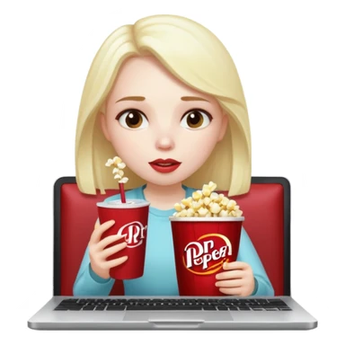 Tired girl on laptop eating popcorn and drinking a Dr Pepper sticker