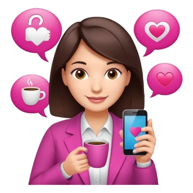 Social media manager. She has dark brown hair, brown eyes, a friendly smile. She is holding a smartphone and a coffee cup. Include subtle marketing elements like small icons of hashtags or a speech bubble with a heart. Use vibrant colors with a focus on pink and fuchsia tones. sticker