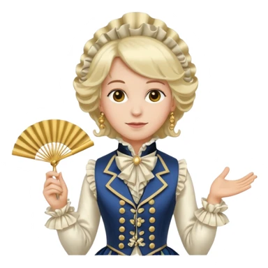 An emoji portrait of a French aristocrat. He wears a powdered wig and a silk waistcoat with a ruffled jabot. His expression is poised and refined, and he holds a fan. sticker