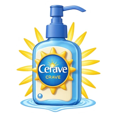 White CeraVe bottle with blue label and yellow “AM” badge, topped with a pump. Surrounded by protecting radiant sun sparkles, soft UV-deflecting light rings, and a blue protective glow. Feels like a daytime skin shield potion in a sleek, glossy bottle. sticker
