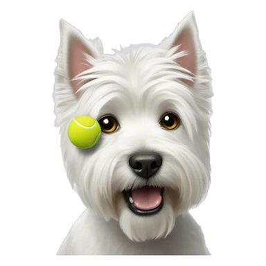 White highland terrier with a tennis ball sticker