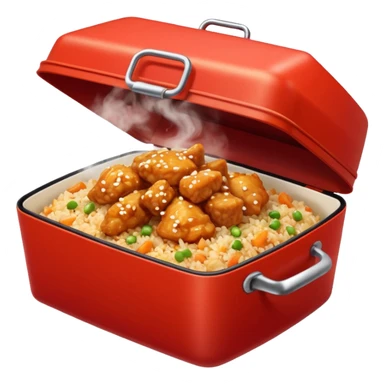 Orange chicken and fried rice in a red box sticker