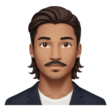 Young man with medium brown skin, mixed-race ethnicity, long wavy dark brown hair with an extremely precise center part exactly aligned with the middle of the face, hair parted perfectly symmetrically on both sides, mustache separated from goatee, medium brown eyes, small diamond stud earrings, floating head only with absolutely no shoulders or neck visible sticker