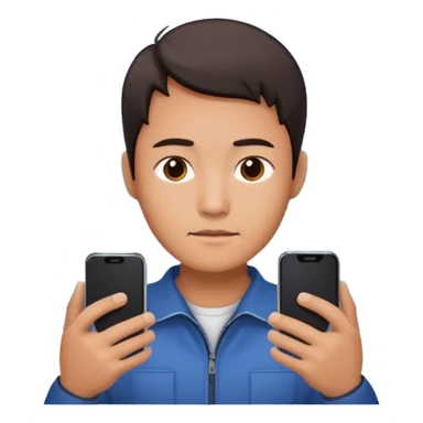 a chinese holding an smartphone with both hands in landscape mode(horizontally) on top of his forehead sticker