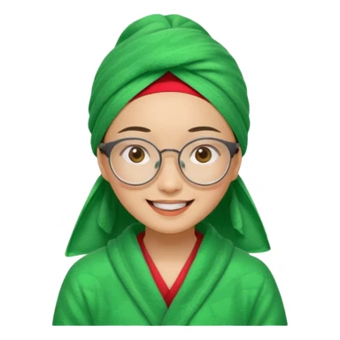 Asian woman wearing a green towel in her head with a broken glasses on her face in red pajamas sticker