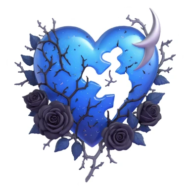 gothic broken heart 3D emoji, midnight blue glass, silver crescent moon, black roses, shimmering stardust, lightning bolt, rain-soaked, cracked and split glass, dramatic style sticker