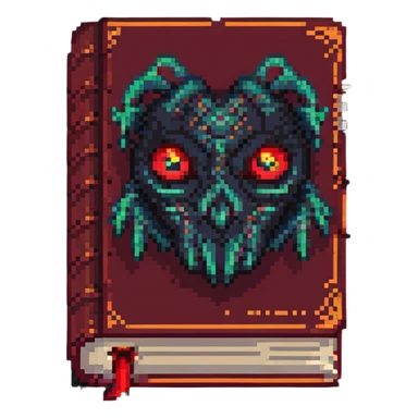 red cursed book with glowing eyes pixel art sticker