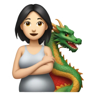 Pregnant woman looks asian with painting of dragon on forehand and shoulder sticker