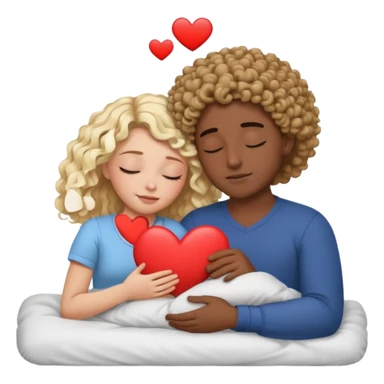 cuddling in bed, asleep. wavy haired blonde girl. curly haired dark brown hair man. eyes closed. heart between them. no headboard sticker