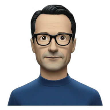 photo realistic Ralf Hutter from Kraftwerk, short straight black hair, black glasses, Dark Blue T-shirt, lean, driving black tesla model 3 sticker
