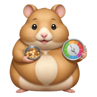 fat hamster holding pregnant belly smiling holding a tiny food scale sticker