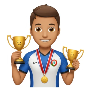 happy soccer player with a first-place medal and a trophy sticker