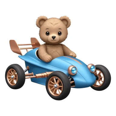 dark crystal blue and rosegold-accented rc racing car driven by a small cute fearless teddy baby bear with rear spoiler, roll bar, and wheely bar sticker