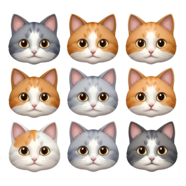 6 realistic looking cats with different natural coloured coats, assorted grey and white, greys, calico, brown and white colours etc
 sticker