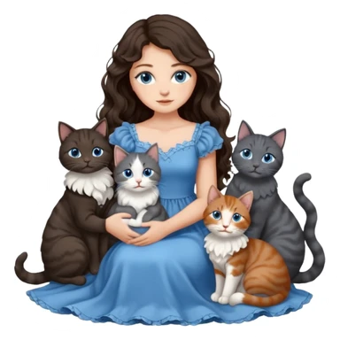 detailed realistic looking a dark grey and white cat regally sitting with six other cats, cuddling with their owner who is a pretty bratz lightly tanned white girl with long dark brown hair, blue eyes and gorgeous long wavy hair wearing a pretty detailed dress sticker