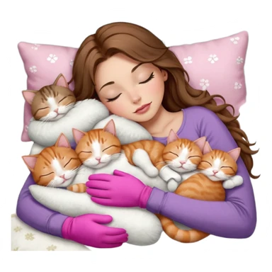 girl with long wavy brown hair, brown eyes, long lashes makeup, sexy pink lips, light to medium complexion,  sleeping on a cozy pillow, with 6 cats: 1 brown and white tabby cat, 1 ginger and white, 2 grey and white, 1 grey with white mittens and small white patch on chest and 1 calico, sleeping sticker