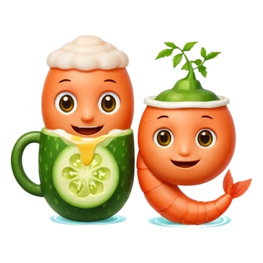 Emoji-style food mascots, NOT human.
Two cute shrimp characters, simple cartoon faces, big round eyes, small smiles.
One shrimp holding a beer mug with foam, the other holding an aguachile bowl with cucumber and chili.
Flat + soft 3D style, clean shapes, no human facial details, no realistic skin.

 sticker