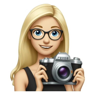 Elegant real blonde girl with glasses smiling blue eyes taking pictures with a camera  sticker
