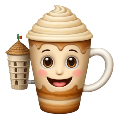 playful cappuccino cup emoji with tiny leaning Tower of Pisa as handle, wild eyes, silly grin, capturing Italian brainrot cappuccino sticker