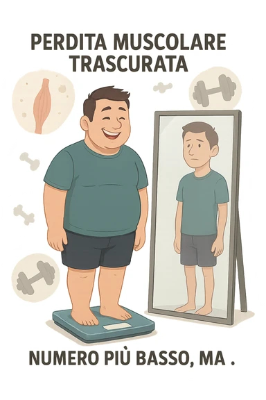 a man stands on a scale, smiling at the lower number, but his reflection in a nearby mirror shows a thinner, but also visibly weaker and less muscular body. Around him, floating icons or faded images of muscle fibers and dumbbells highlight the overlooked loss of muscle mass. The mood is cautionary and educational. in italiano sticker