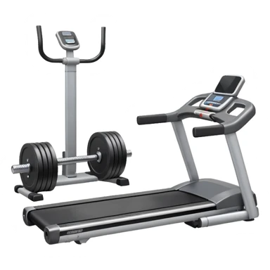 A treadmill set behind Two heavy dumbbells side by side on the floor  sticker