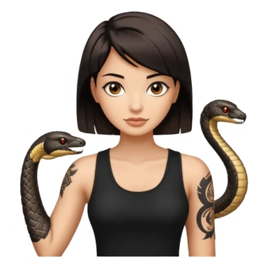 Femme brune yeux marron avec une coupe carré noir qui descend sur l'épaule , femme couleur de peau un peu bronzé mais pas metisse, avec un cobra a côté , débardeur noi , avec un tatouage sur le bras droit sticker