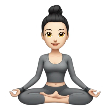 Pale skinned fit woman In a gray tight yoga suit and wristbands With black hair in a bun sits in the lotus position sticker