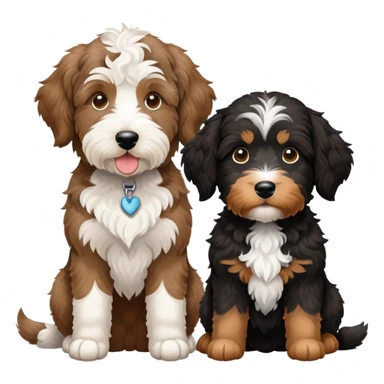 2 dogs: one light brown Aussiedoodle, one all-black Bernedoodle with white eyebrows some white markings, no brown coloring. Both same size. sticker