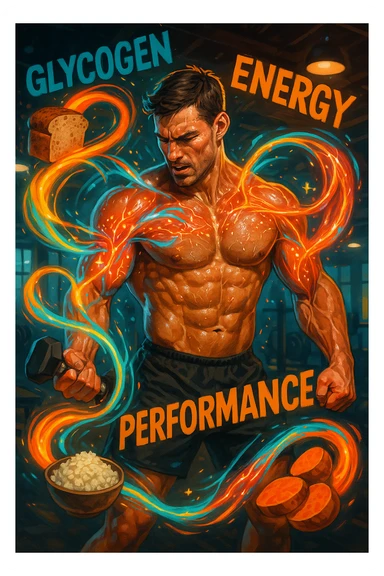 Uomo atletico di circa 30 anni durante un allenamento intenso in palestra, con muscoli ben definiti e sudati. Intorno a lui si visualizzano flussi energetici colorati che partono da fonti di carboidrati (pane integrale, riso, patate dolci) e si dirigono verso i suoi muscoli. I muscoli appaiono attivi, tesi e in pieno sforzo, con piccoli simboli di 'carburante' o energia che entrano nei tessuti. Espressione concentrata e potente. Sullo sfondo, parole come 'glicogeno', 'energia', 'prestazione'. Atmosfera dinamica, intensa e positiva. sticker