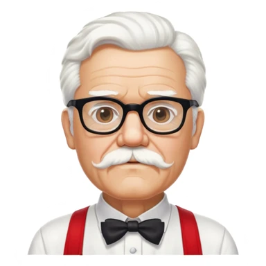 Colonel Sanders KFC, old man with white hair and white goatee, wearing black square glasses, white T-shirt and red apron sticker